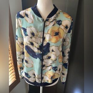 Mix Nouveau Floral Semi-Sheer Bomber Jacket  Zip Up Lightweight Women Small